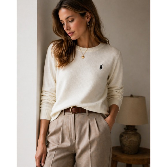 Sweaters - Women's Cashmere Sweater Cream Crewneck quiet luxury classic preppy